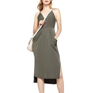 NWT BCBG V Neck Drape Hourglass Midi Dress with Pockets Olive Green Medium